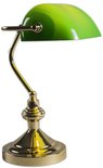 Lampe de bureau avec abat-jour vert et base et bras dorés.