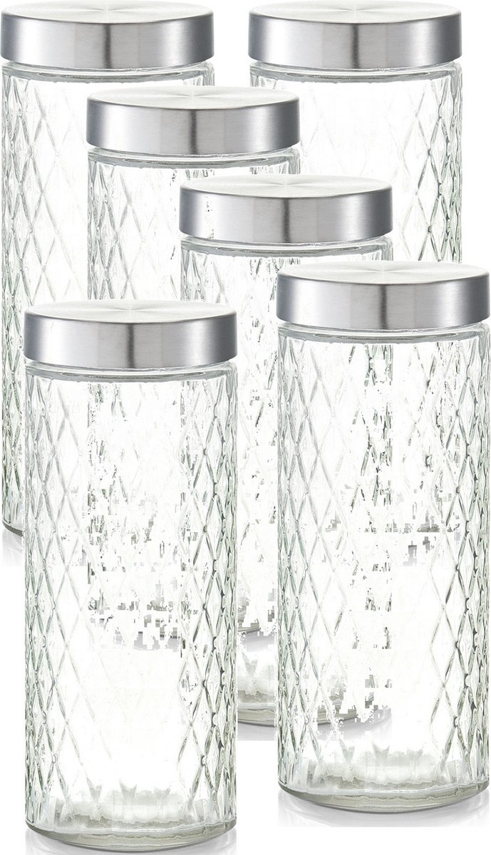 Zeller keuken voorraadpotten / bewaarpotten - 6x - 2000 ml - geruit glas - 11 x 27 cm