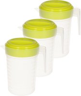 3x pichet à eau/pichet à jus transparent/vert avec couvercle 1 litre en plastique¿½- Pichet étroit qui tient dans la porte du réfrigérateur