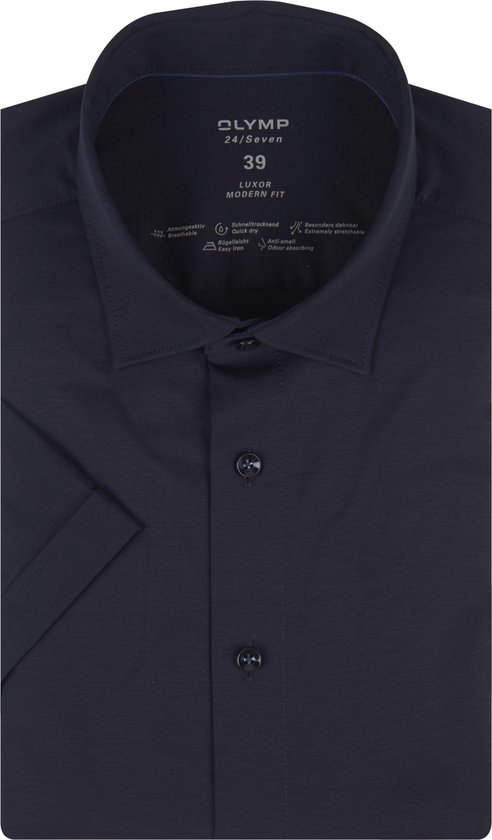 OLYMP Luxor 24/7 coupe moderne - manches courtes - maillot bleu marine - Iron friendly - Taille de côtes : 39