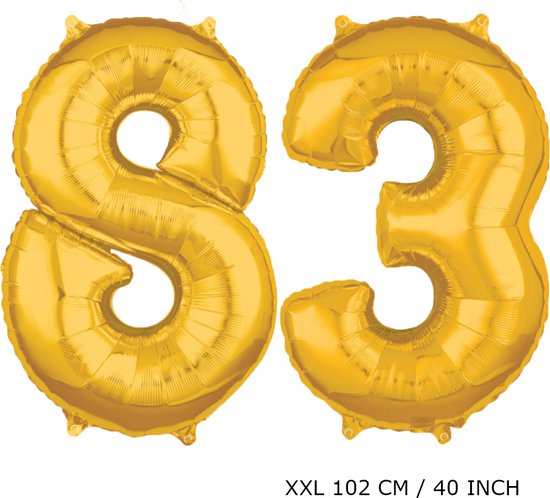 Mega grote XXL gouden folie ballon cijfer 83 jaar. Leeftijd verjaardag 83 jaar. 102 cm 40 inch. Met rietje om ballonnen mee op te blazen.