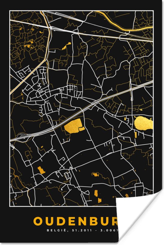 Poster Kaart - Oudenburg - Plattegrond - Goud - Stadskaart - 20x30 cm ...