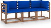 vidaXL Tuinbank 3-zits pallet met blauwe kussens grenenhout