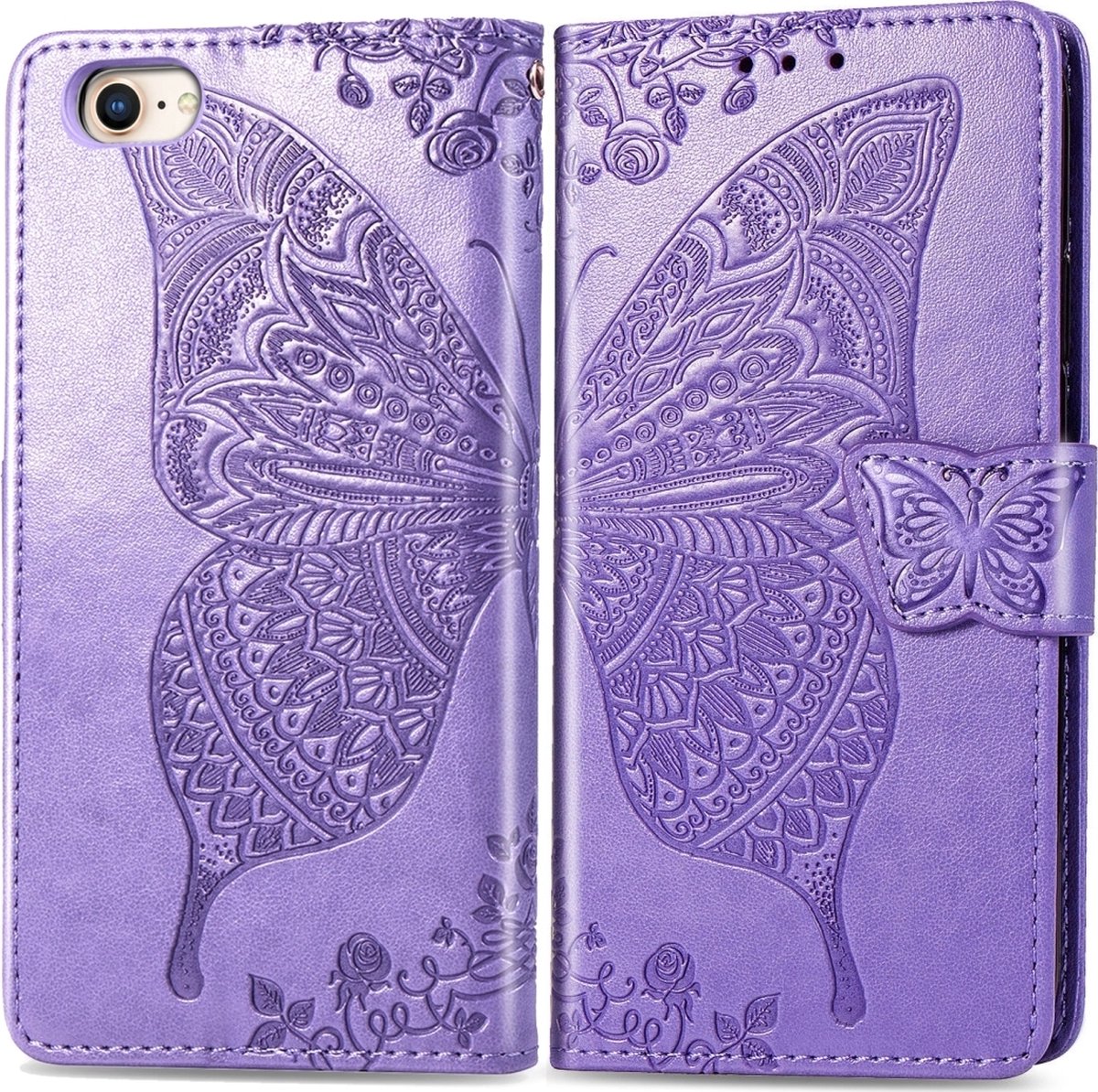 Mobigear Telefoonhoesje geschikt voor Apple iPhone SE (2020) Hoesje | Mobigear Butterfly Bookcase Portemonnee | Pasjeshouder voor 3 Pasjes | Telefoonhoesje voor Pinpas / OV Kaart / Rijbewijs - Paars