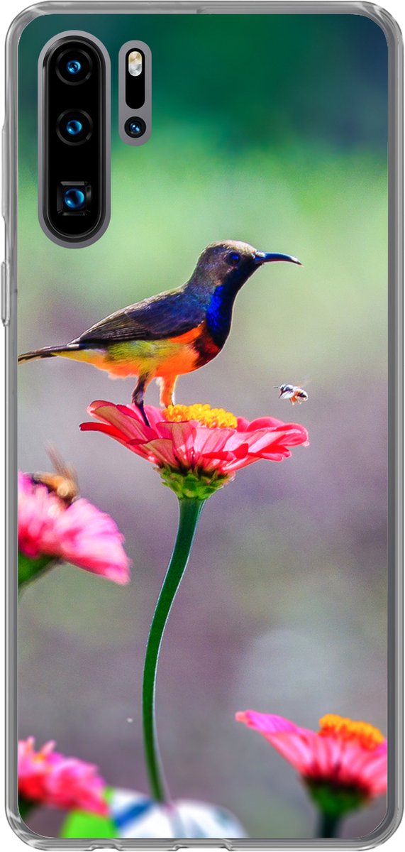 Telefoonhoesje Geschikt voor Huawei P30 Pro hoesje - Close-up van een kolibrie op roze bloemen - Siliconen Telefoonhoesje Telefoonhoesje