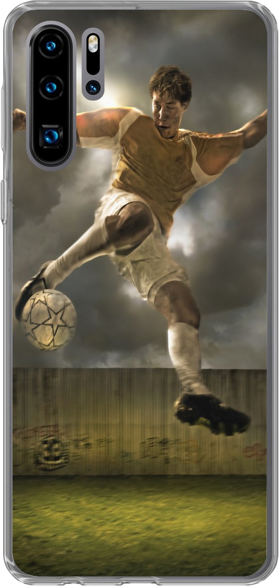 Telefoonhoesje Geschikt voor Huawei P30 Pro hoesje - Een illustratie van een voetballer die tegen de bal schopt - Jongens - Jongetje - Kids - Siliconen Telefoonhoesje Telefoonhoesje