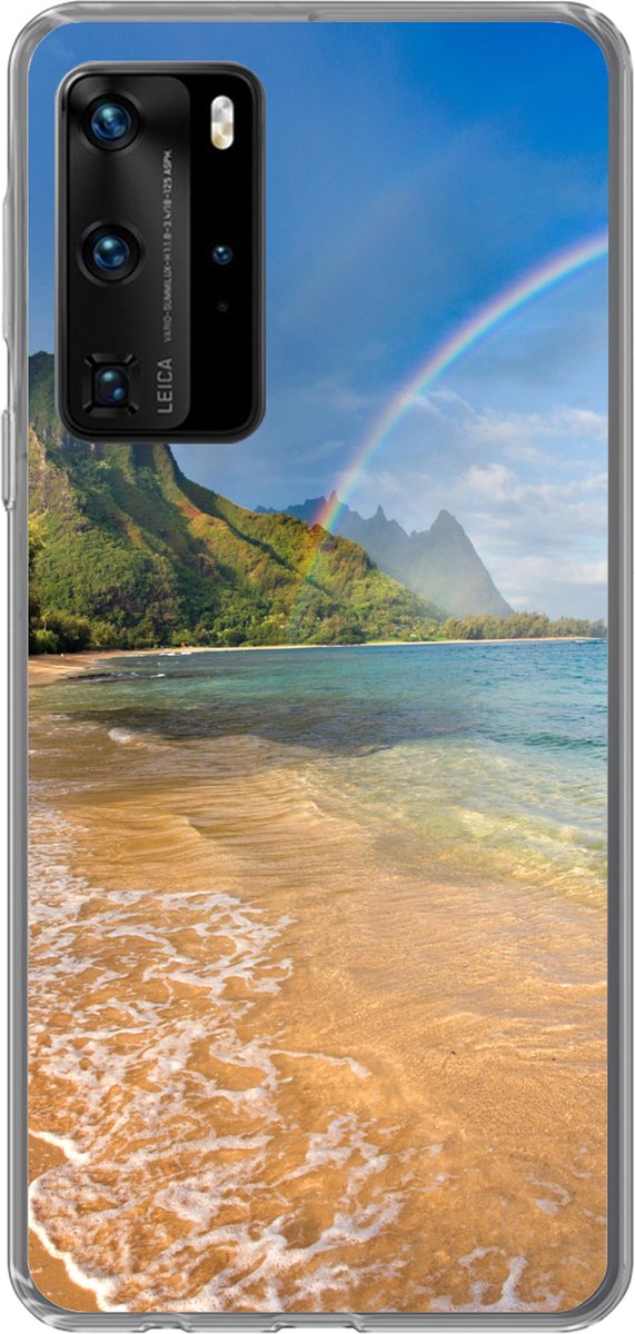 Telefoonhoesje Geschikt voor Huawei P40 Pro hoesje - Een mooie regenboog bij Tunnels Beach op Hawaii - Siliconen Telefoonhoesje Telefoonhoesje