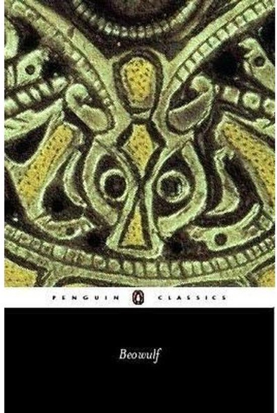 Livre 'Beowulf' par Penguin Classics, gros plan d'un motif historique en or et vert.