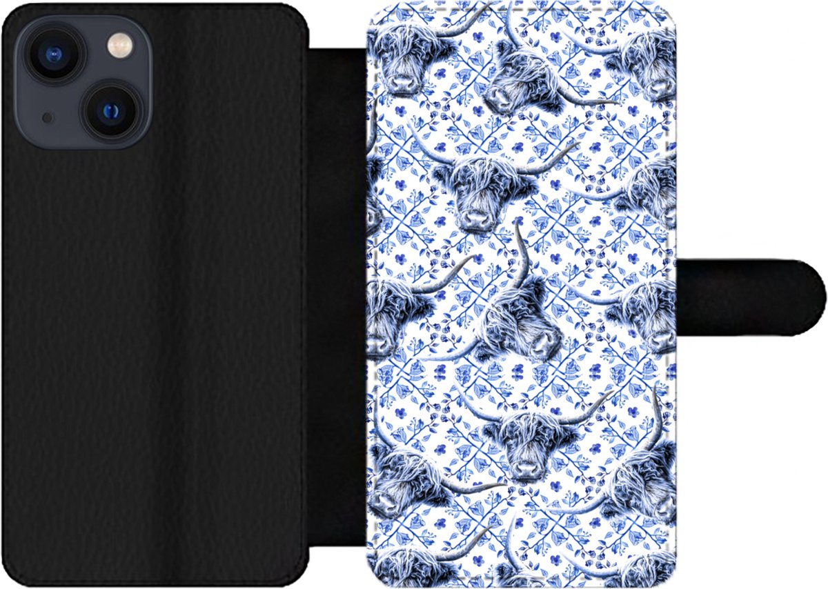 Telefoonhoesje Geschikt voor iPhone 13 Mini telefoonhoesje - Delfts blauw - Dieren - Schotse hooglander - Met vakjes - Wallet case met magneetsluiting