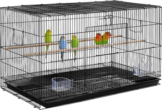furnibella - Vliegkooi met extra veel ruimte, met uittrekbare lade en houten zitstangen voor papegaaien, zittafels en andere vogels - zwart