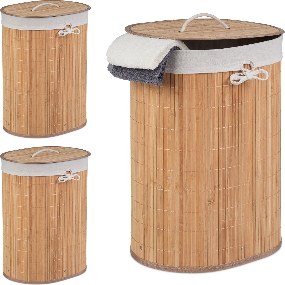 3x wasmand bamboe - opvouwbaar - deksel - wasbox - 46 l - uitneembare waszak