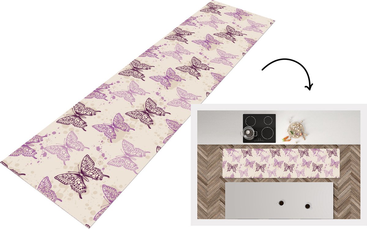 KitchenYeah Keukenloper - Loper keuken - Dieren - Patronen - Paars - Vlinder - 240x60 cm - Keukenloper vinyl Multicolor