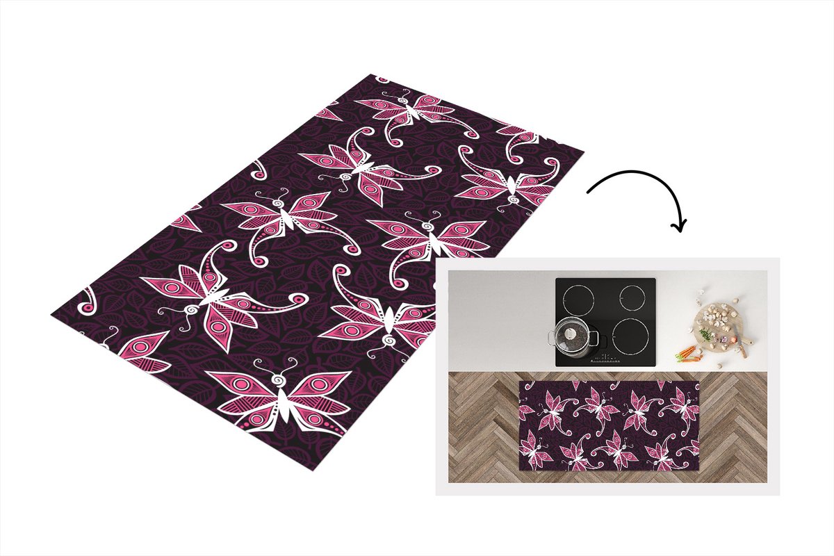 KitchenYeah Keukenloper - Loper keuken - Vlinders - Patronen - Roze - 120x60 cm - Keukenloper vinyl Multicolor