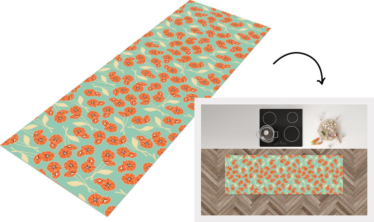 KitchenYeah Keukenloper - Loper keuken - Retro - Bloemen - Design - Oranje - 150x50 cm - Keukenloper vinyl Multicolor