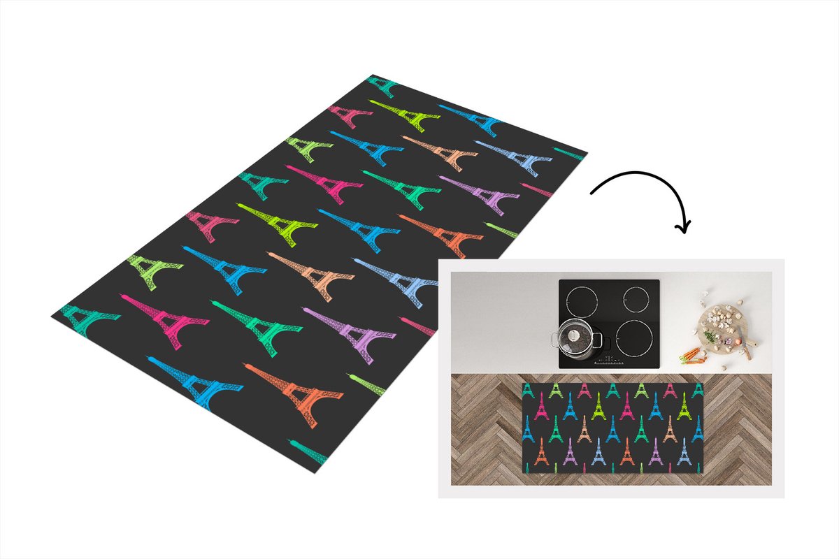 KitchenYeah Keukenloper - Loper keuken - Eiffeltoren - Patronen - Parijs - 120x60 cm - Keukenloper vinyl Multicolor