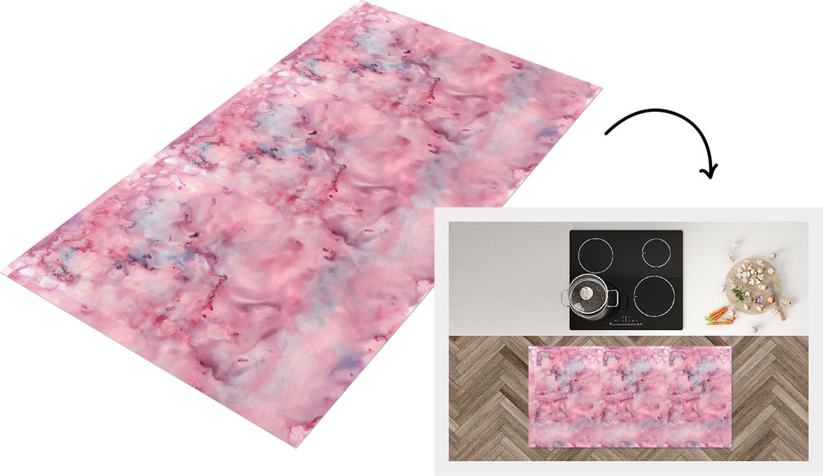 KitchenYeah Keukenloper - Loper keuken - Alcohol inkt - Marmer - Roze - Patronen - 120x60 cm - Keukenloper vinyl Multicolor