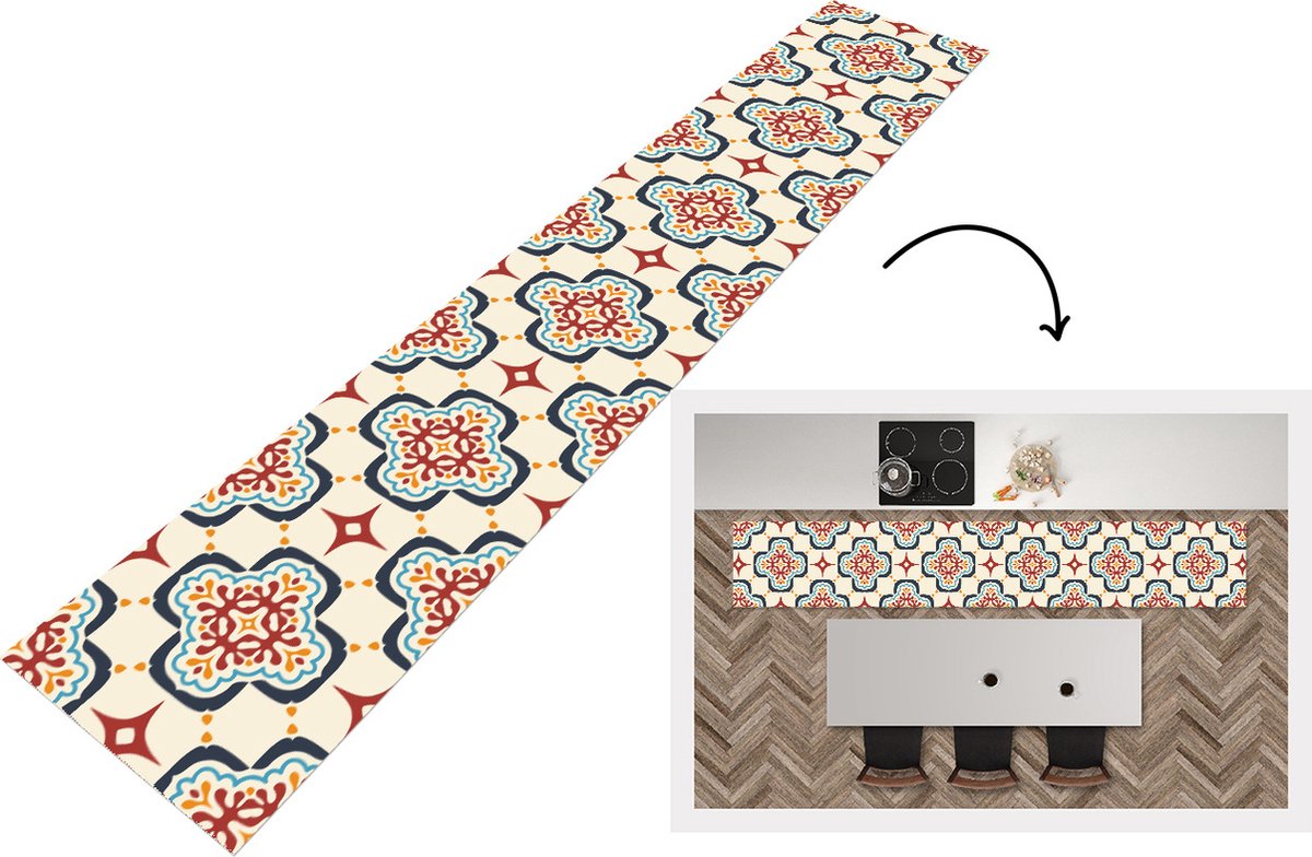 KitchenYeah Keukenloper - Loper keuken - Bloemen - Tegel - Vector - Patroon - 300x50 cm - Keukenloper vinyl Multicolor
