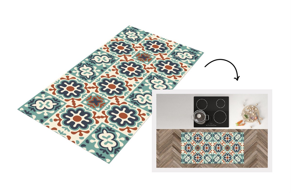 KitchenYeah Keukenloper - Loper keuken - Bloem - Ornament - Patroon - 120x60 cm - Keukenloper vinyl Multicolor