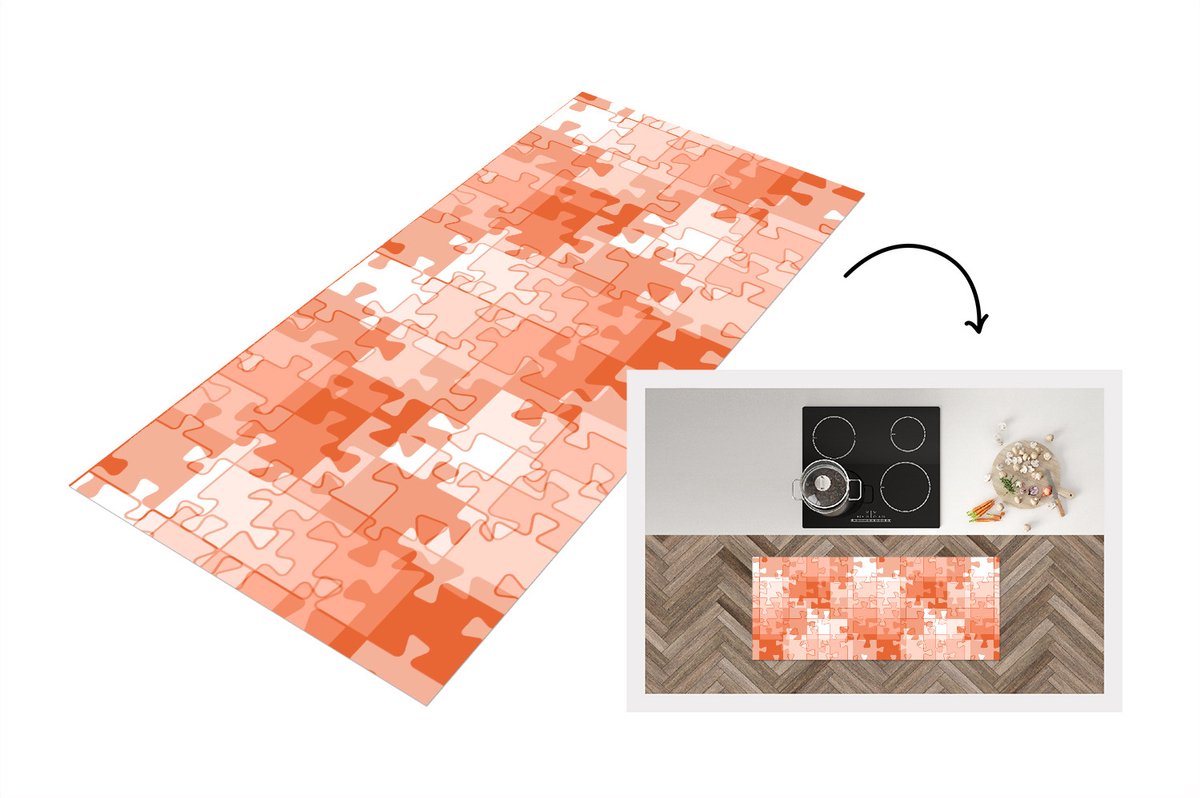 KitchenYeah Keukenloper - Loper keuken - Puzzel - Oranje - Patronen - 120x50 cm - Keukenloper vinyl Multicolor