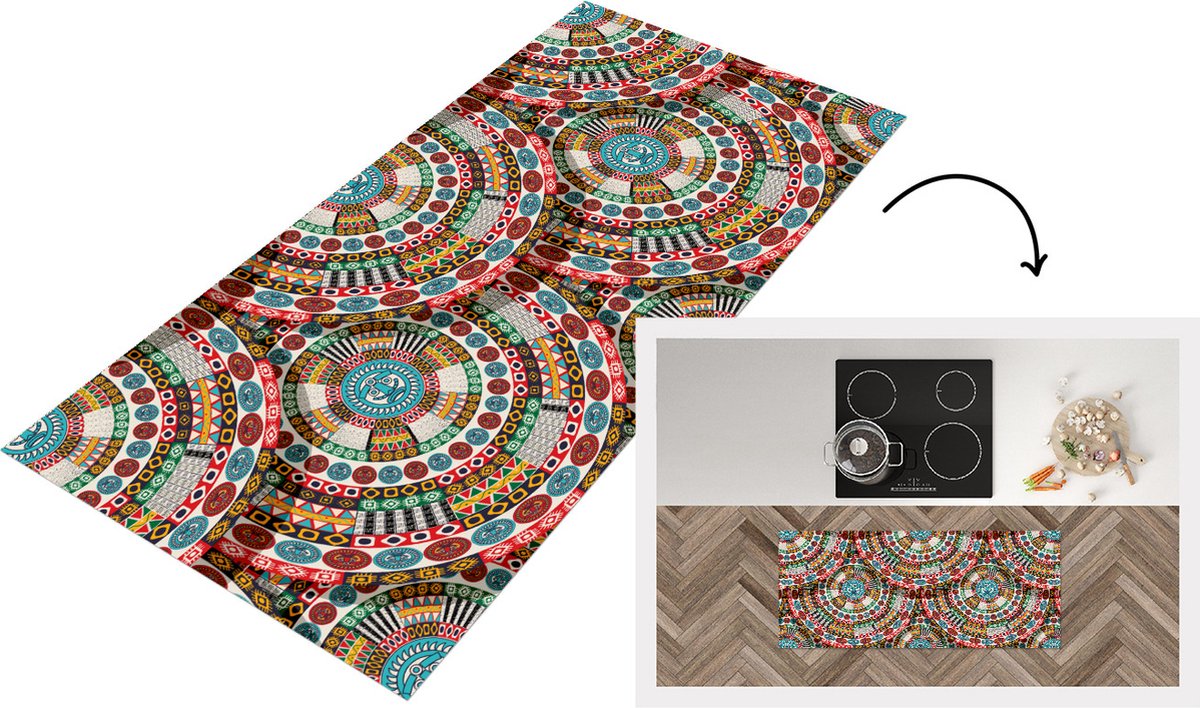 KitchenYeah Keukenloper - Loper keuken - Tegel - Azteken - Cirkels - Patronen - 120x50 cm - Keukenloper vinyl Multicolor
