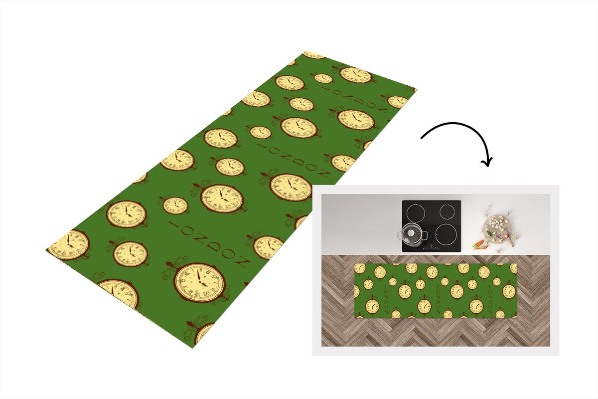 KitchenYeah Keukenloper - Loper keuken - Londen - Vintage - Klok - Patroon - 180x60 cm - Keukenloper vinyl Multicolor