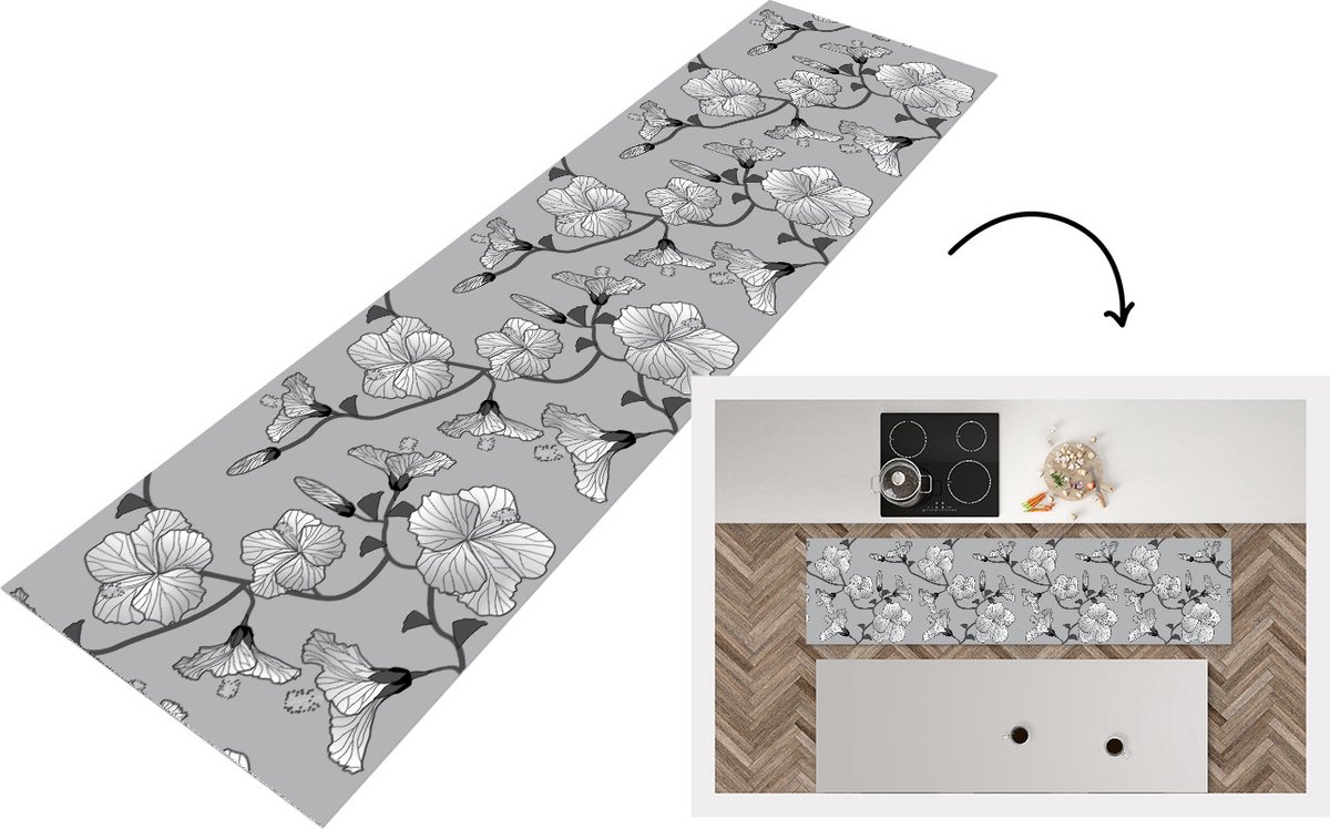 KitchenYeah Keukenloper - Loper keuken - Hibiscus - Grijs - Tropisch - Patroon - Keukenloper vinyl, foto 2