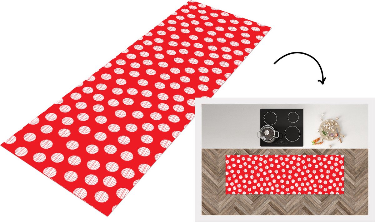 KitchenYeah Keukenloper - Loper keuken - Stippen - Polka dot - Patronen - Rood - Wit - 150x50 cm - Keukenloper vinyl Multicolor
