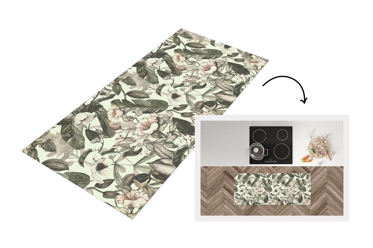 KitchenYeah Keukenloper - Loper keuken - Bloemen - Bladeren - Vintage - Patronen - 120x50 cm - Keukenloper vinyl Multicolor