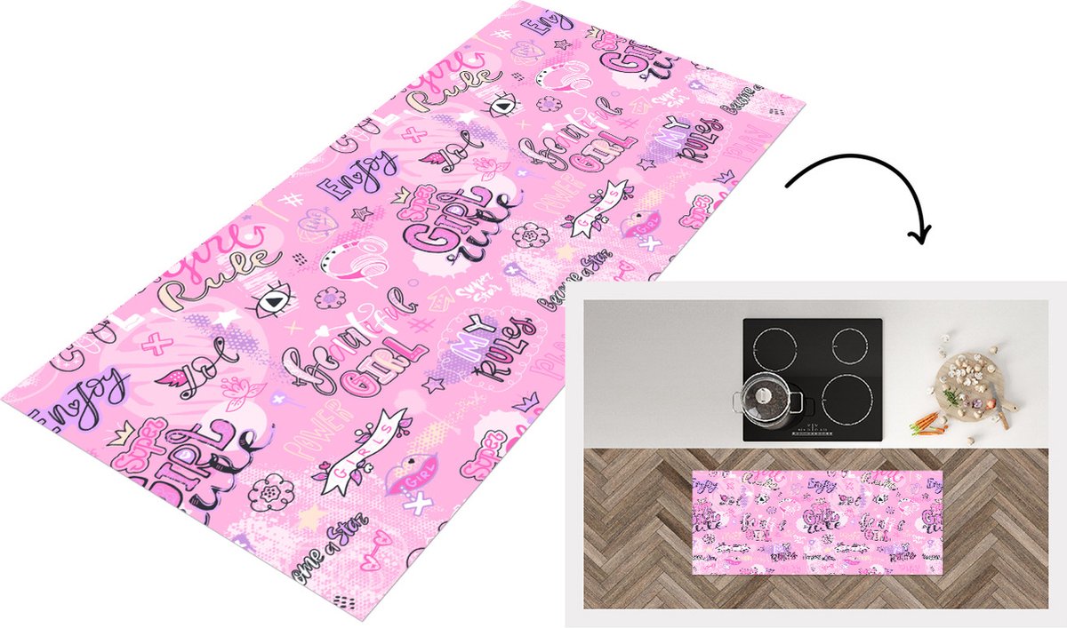KitchenYeah Keukenloper - Loper keuken - Meisjes - Tiener - Roze - Quotes - Patronen - 120x50 cm - Keukenloper vinyl Multicolor