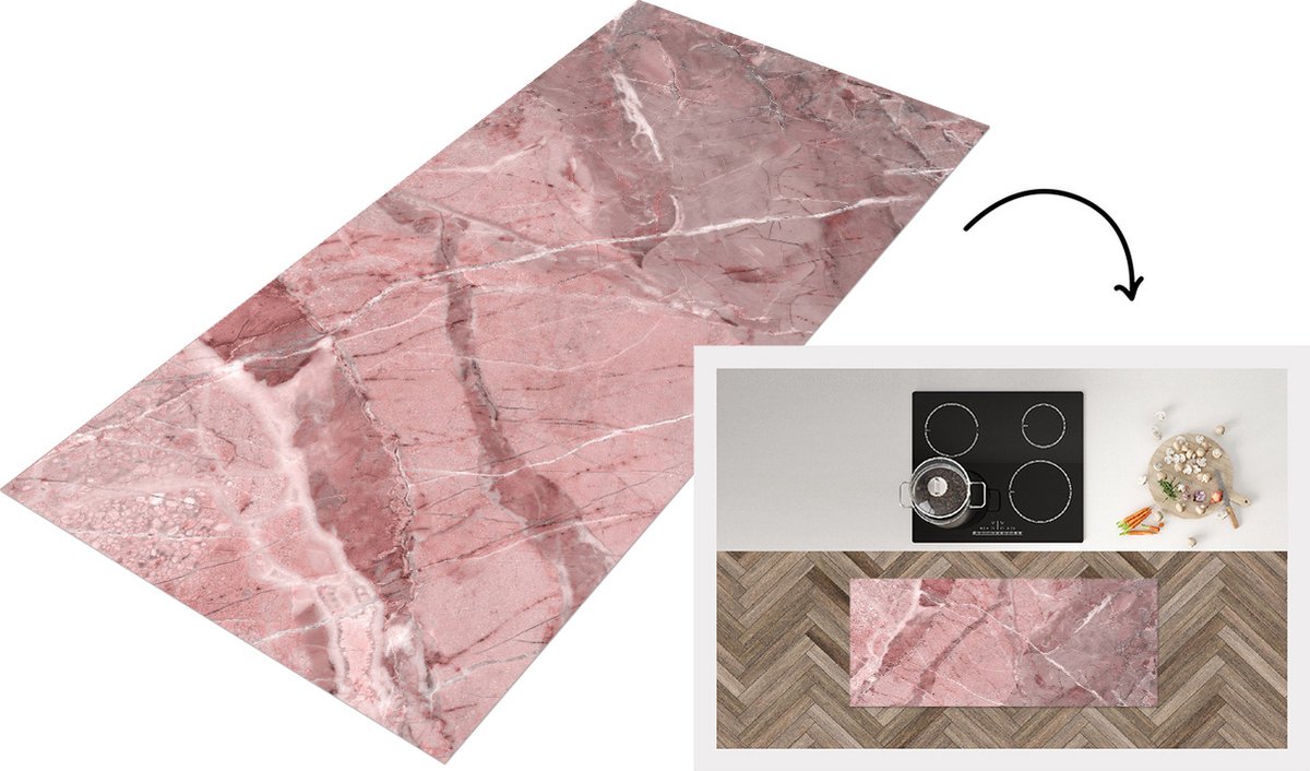 KitchenYeah Keukenloper - Loper keuken - Graniet - Keien - Wit - Roze - 120x50 cm - Keukenloper vinyl Multicolor