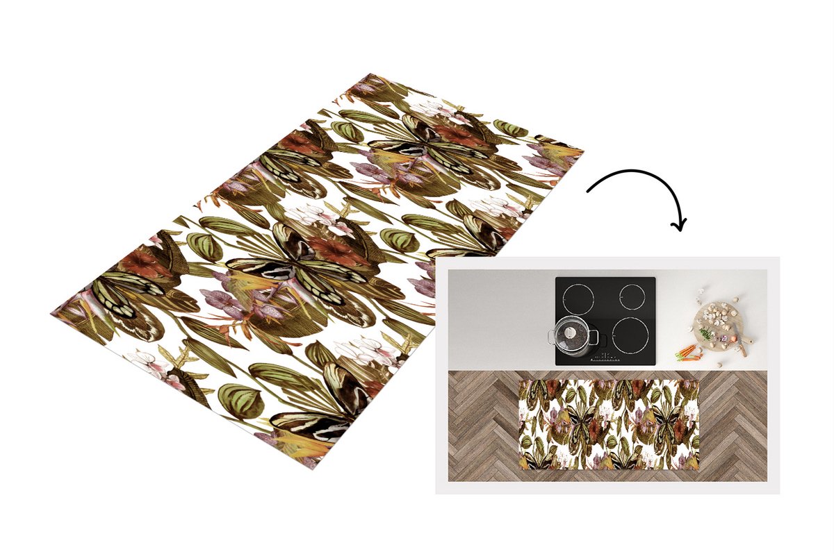KitchenYeah Keukenloper - Loper keuken - Vlinder - Bloemen - Vintage - Patronen - 120x60 cm - Keukenloper vinyl Multicolor