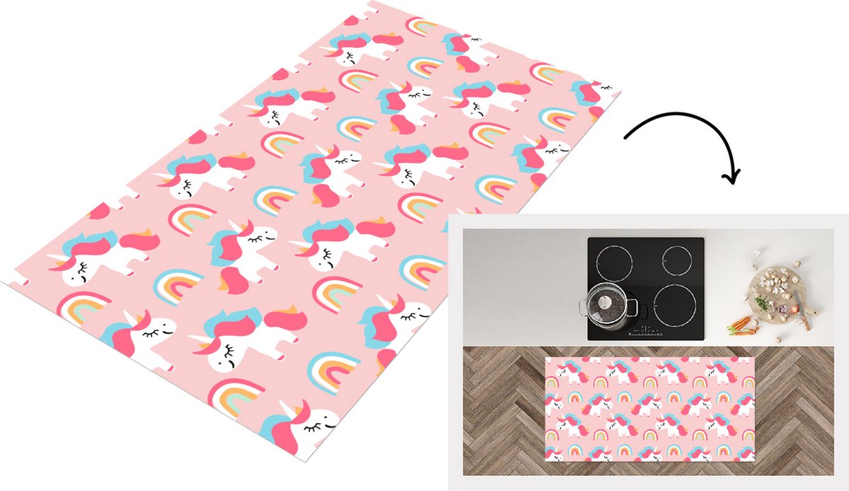 KitchenYeah Keukenloper - Loper keuken - Unicorn - Regenboog - Roze - Patroon - 120x60 cm - Keukenloper vinyl Multicolor