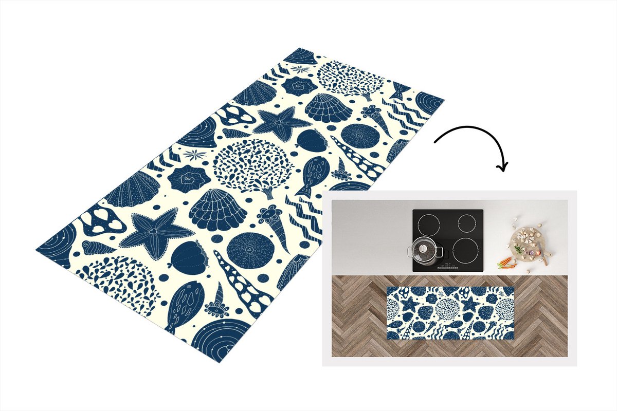 KitchenYeah Keukenloper - Loper keuken - Schelpen - Strand - Blauw - Patroon - 120x50 cm - Keukenloper vinyl Multicolor
