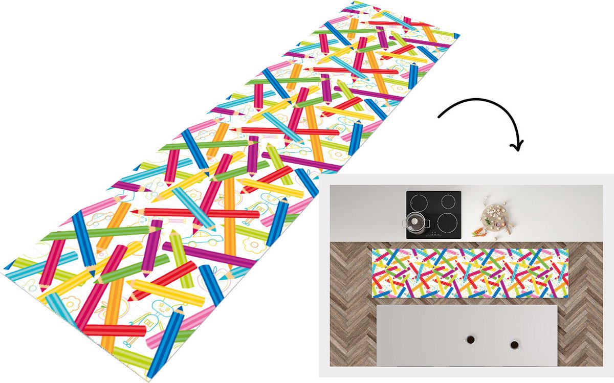 KitchenYeah Keukenloper - Loper keuken - Potlood - Patronen - Regenboog - 240x60 cm - Keukenloper vinyl Multicolor