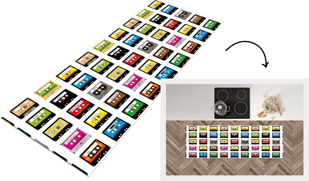 KitchenYeah Keukenloper - Loper keuken - Patronen - Cassettebandjes - Muziek - 150x50 cm - Keukenloper vinyl Multicolor