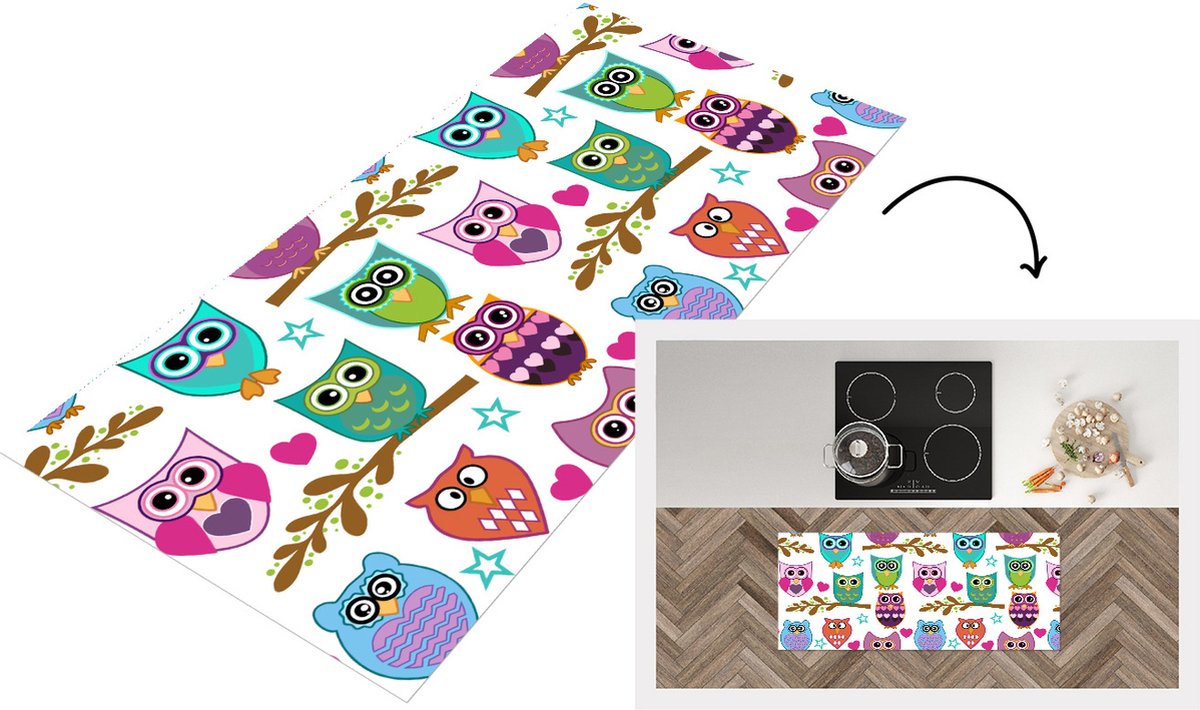 KitchenYeah Keukenloper - Loper keuken - Design - Uilen - Dieren - 120x50 cm - Keukenloper vinyl Multicolor