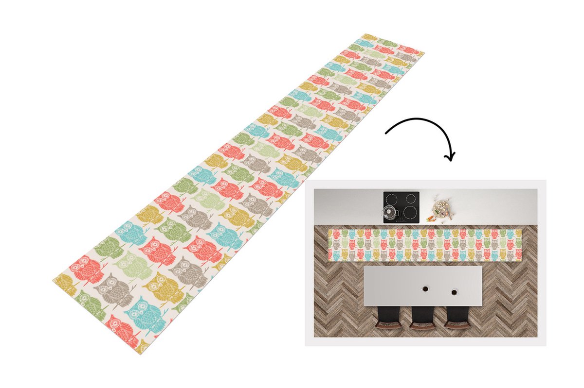 KitchenYeah Keukenloper - Loper keuken - Patronen - Uil - Vogels - 300x50 cm - Keukenloper vinyl Multicolor