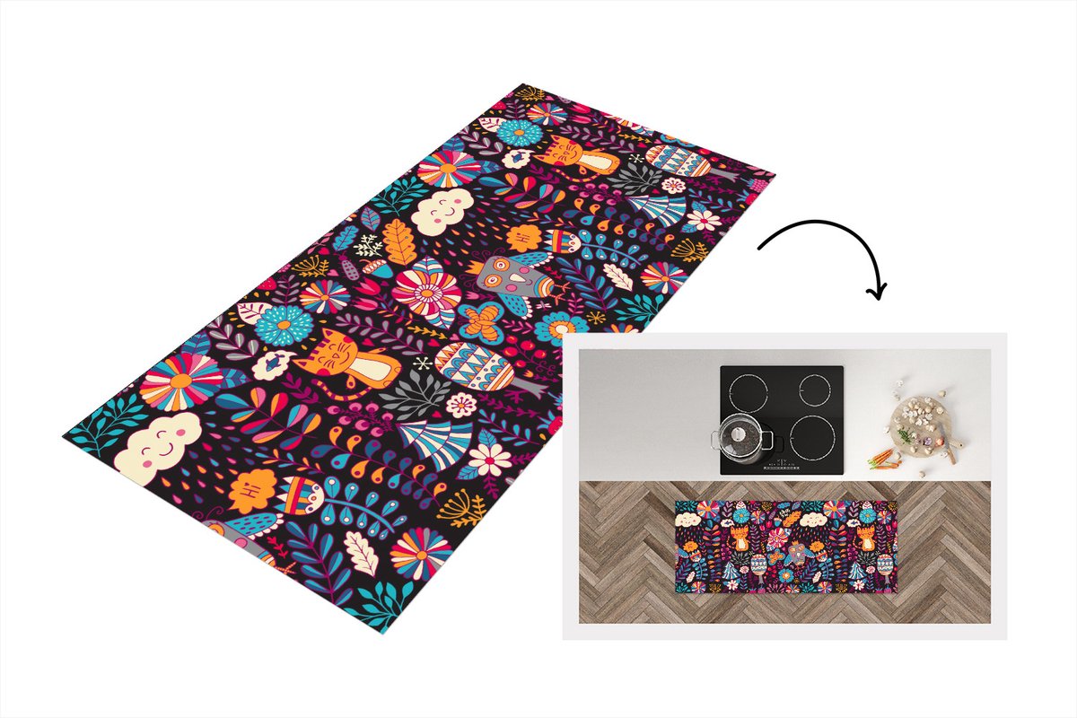 KitchenYeah Keukenloper - Loper keuken - Patroon - Uil - Kat - Bloemen - 120x50 cm - Keukenloper vinyl Multicolor