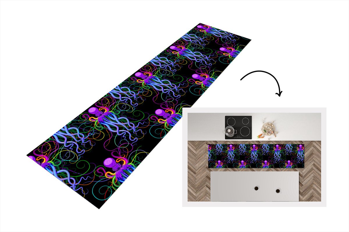 KitchenYeah Keukenloper - Loper keuken - Octopus - Regenboog - Neon - Abstract - Patronen - 200x50 cm - Keukenloper vinyl Multicolor
