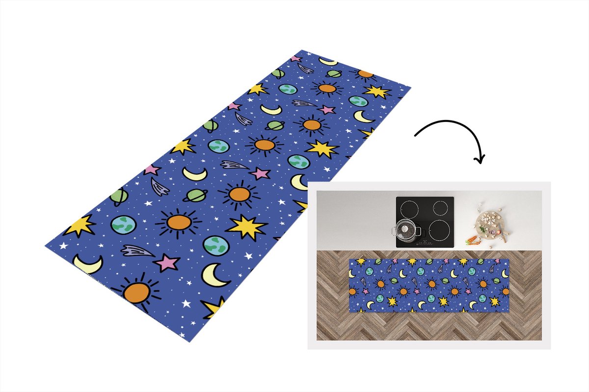 KitchenYeah Keukenloper - Loper keuken - Planeten - Sterren - Design - 150x50 cm - Keukenloper vinyl Multicolor