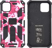 Hoesje Geschikt voor iPhone 12 (Pro) Hoesje - Rugged Extreme Backcover Camouflage met Kickstand - Pink