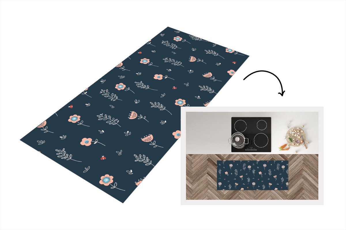 KitchenYeah Keukenloper - Loper keuken - Bloem - Insecten - Patronen - 120x50 cm - Keukenloper vinyl Multicolor