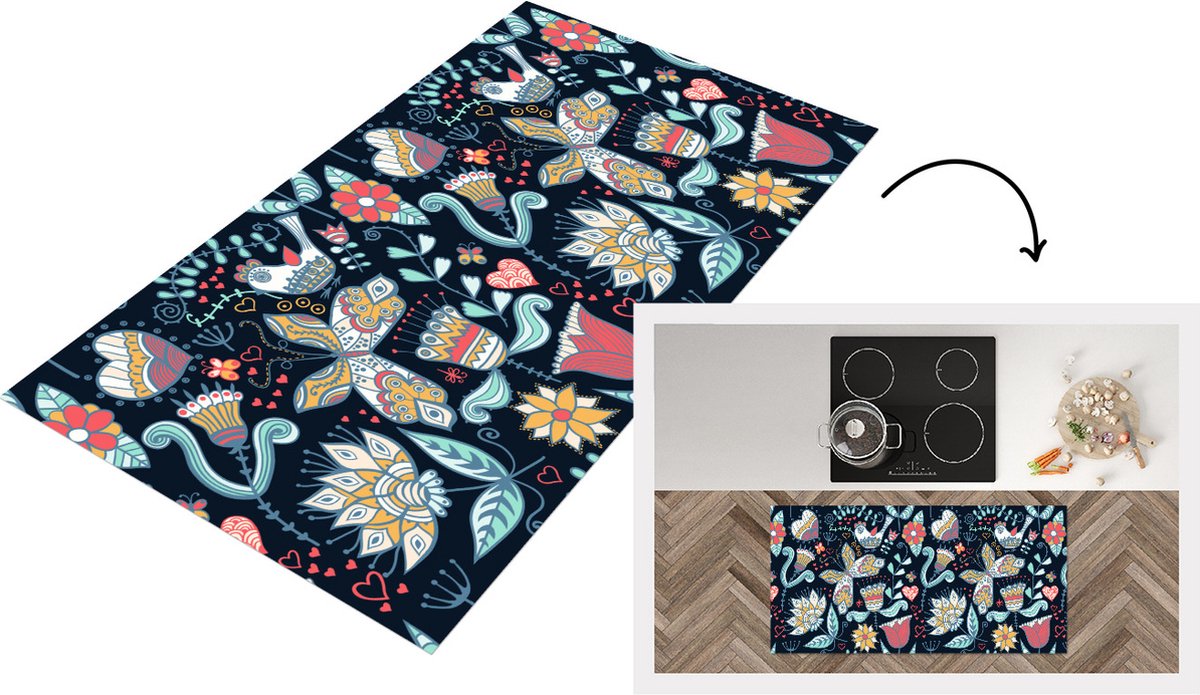 KitchenYeah Keukenloper - Loper keuken - Vlinder - Vogel - Bloem - Patroon - 120x60 cm - Keukenloper vinyl Multicolor
