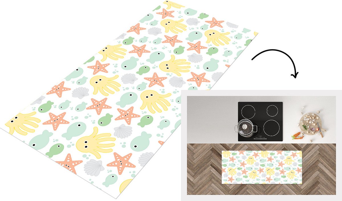 KitchenYeah Keukenloper - Loper keuken - Zeedieren - Baby - Schelpen - 120x50 cm - Keukenloper vinyl Multicolor