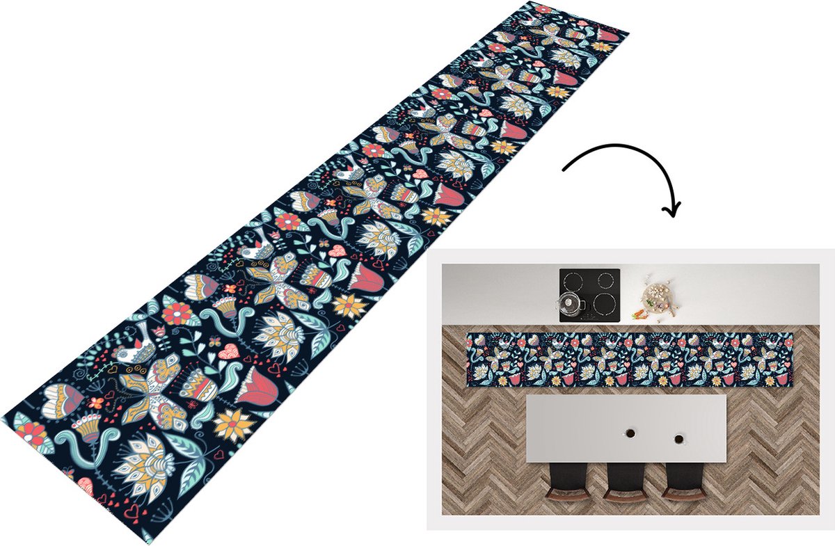 KitchenYeah Keukenloper - Loper keuken - Vlinder - Vogel - Bloem - Patroon - 300x50 cm - Keukenloper vinyl Multicolor