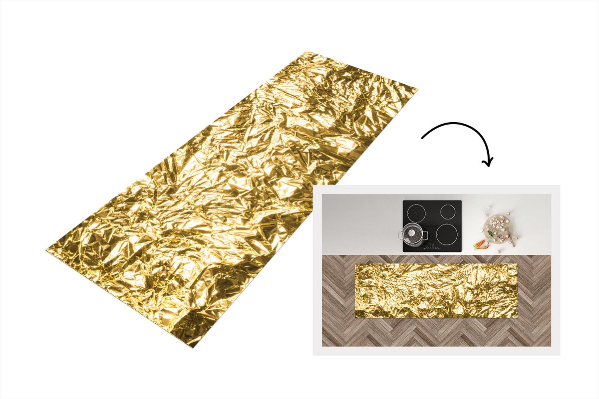 KitchenYeah Keukenloper - Loper keuken - Gouden folie met een gerimpelde textuur - 180x60 cm - Keukenloper vinyl Multicolor