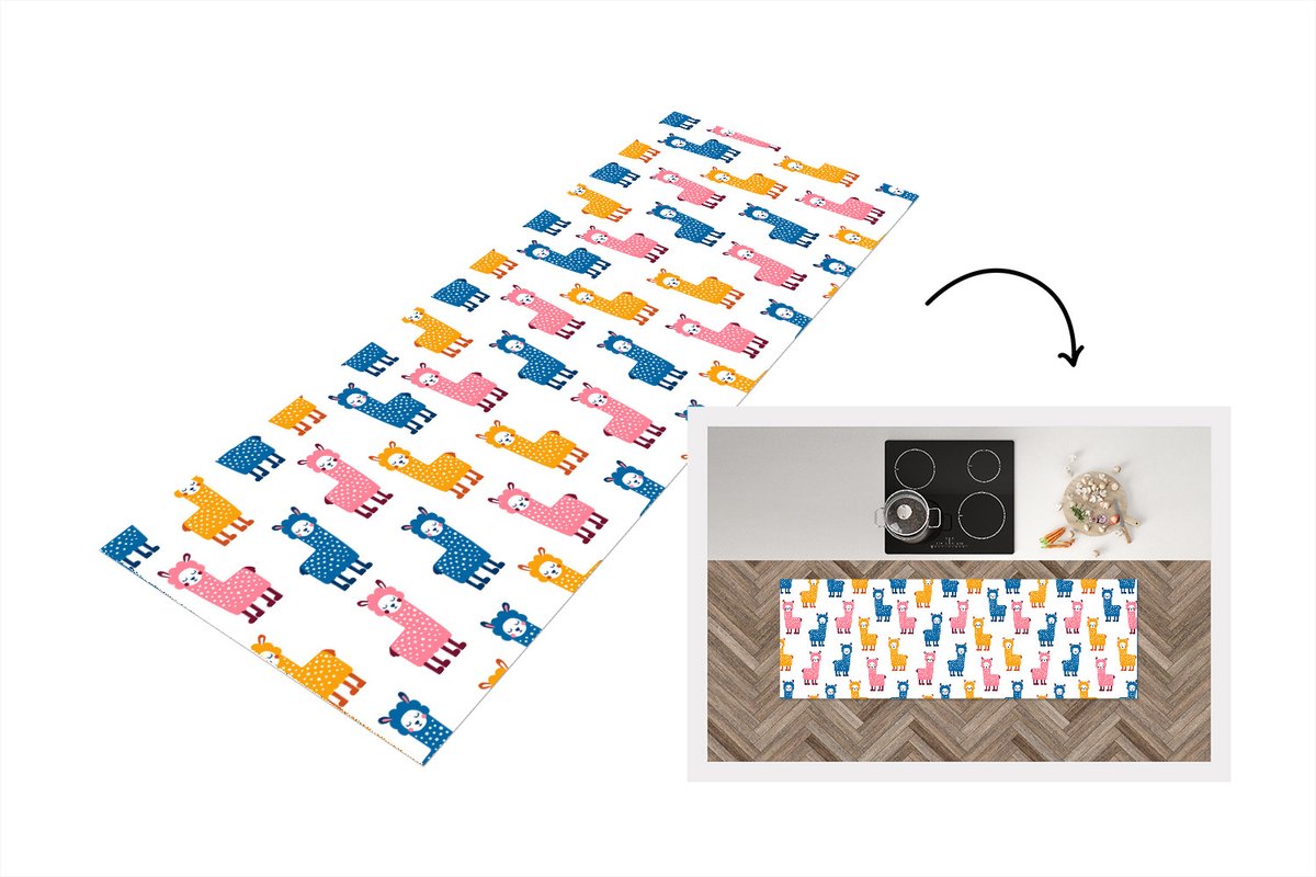 KitchenYeah Keukenloper - Loper keuken - Lama - Dieren - Patronen - Roze - Blauw - 180x60 cm - Keukenloper vinyl Multicolor