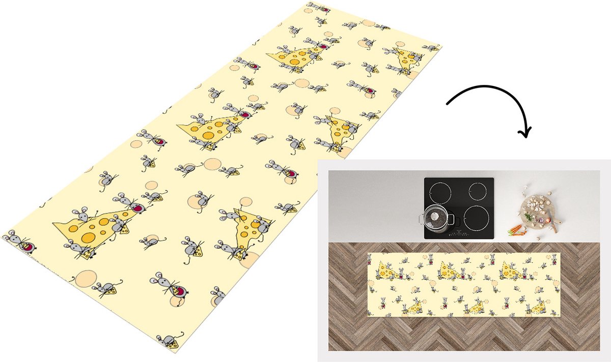 KitchenYeah Keukenloper - Loper keuken - Kaas - Dieren - Patronen - Muizen - 180x60 cm - Keukenloper vinyl Multicolor