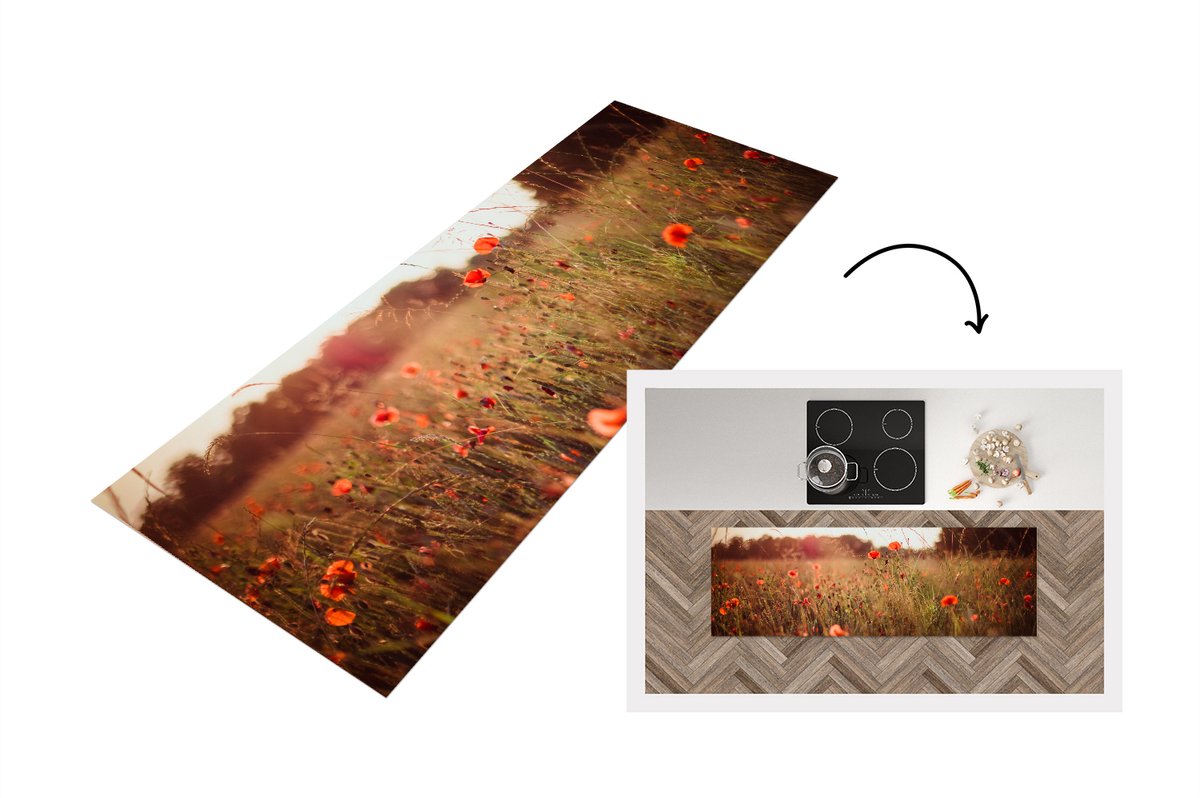KitchenYeah Keukenloper - Loper keuken - Zonsondergang - Bloemen - Rood - 150x50 cm - Keukenloper vinyl Multicolor