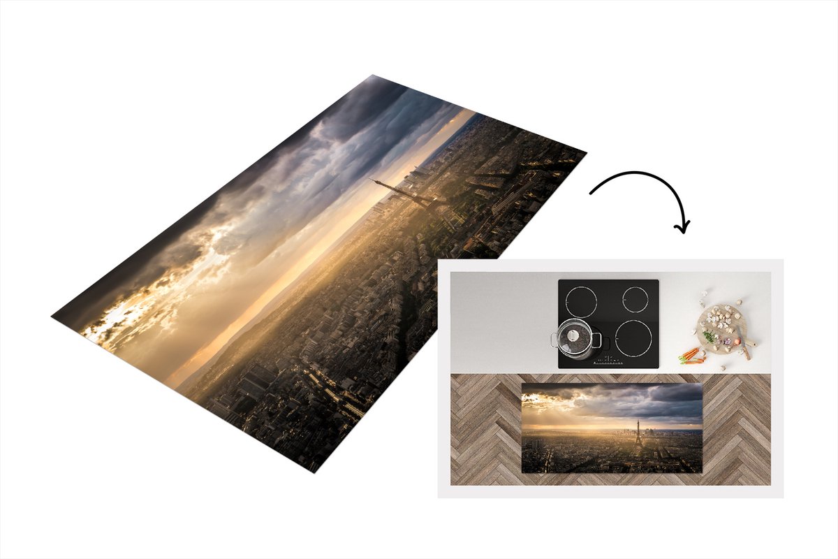 KitchenYeah Keukenloper - Loper keuken - skyline over Parijs met heldere zonnestralen die de Eiffeltoren verlichten - 120x60 cm - Keukenloper vinyl Multicolor